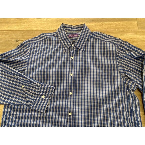 Ralph Lauren Purple Label Mens XL 17 Blue Plaid Long Sleeve Button Up Italy Made - Picture 2 of 9